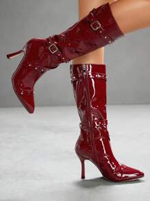 CUCCOO SZL 女士尖头细高跟鞋勃艮第红系带铆钉装饰时尚性感个性及膝靴，适合秋冬季 - 酒紅色 - 查看 7