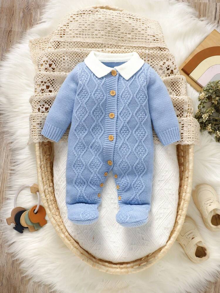 SHEIN Newborn Baby Blue Peter Pan Collar Sweater Jumpsuit, Gentleman Style Small Lapel Jumpsuit, Casual Minimalist Fall Winter - Blue - View 7