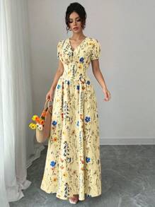 Elenzga 优雅女士夏季优雅松紧腰泡泡袖女士长裙、长裙。适合春夏季、演唱会女装，优雅适合日常通勤、音乐节、节日穿着 - 淡黃色 - 查看 5