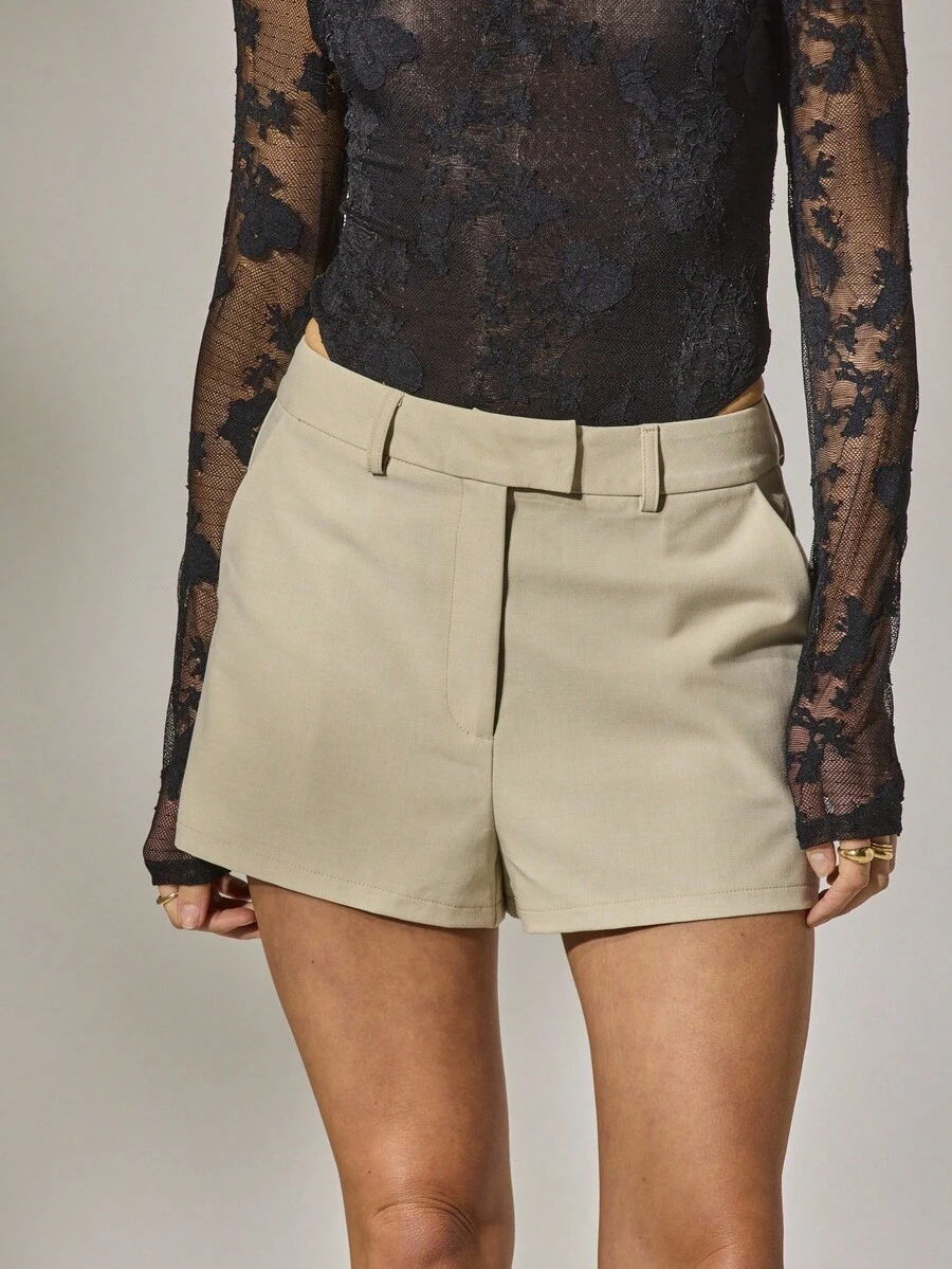 Aralina Women's Y2K Tailored Casual Autumn/Winter Mid Rise Micro Mini Boho Shorts Perfect For Country Concert And Teacher And Going Out - Khaki - View 1