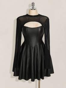 SHEIN CURVE+ Plus Size Women's Fashionable Round Neck Shoulder Black Long Sleeved Fishbone Pressed Line Hollow Waist A Swing PU Dress, Y2k Sexy Front Hollowed Out Mesh Splicing Long Sleeved Dress, Autumn Dress - Black - View 3