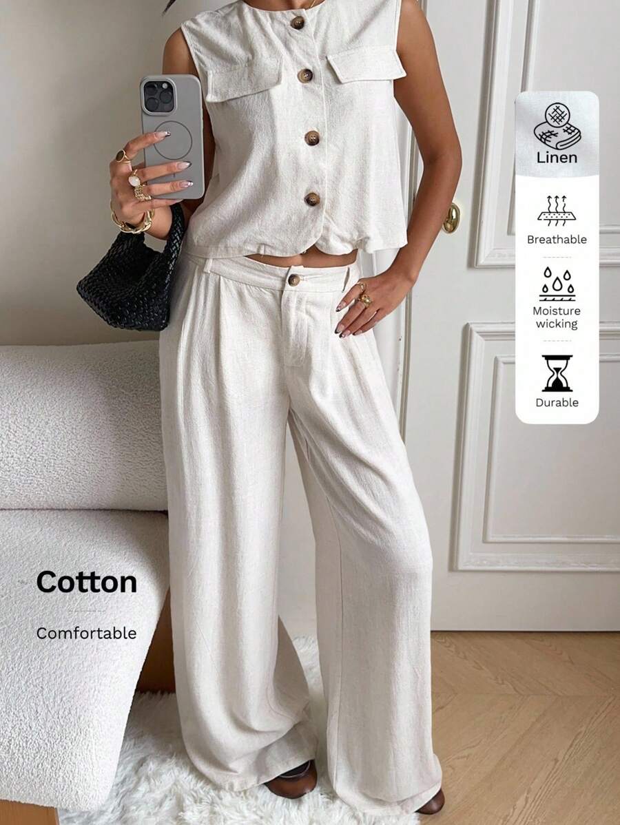 SHEIN EZwear 杏色梭织女式圆领无袖上衣和长裤套装