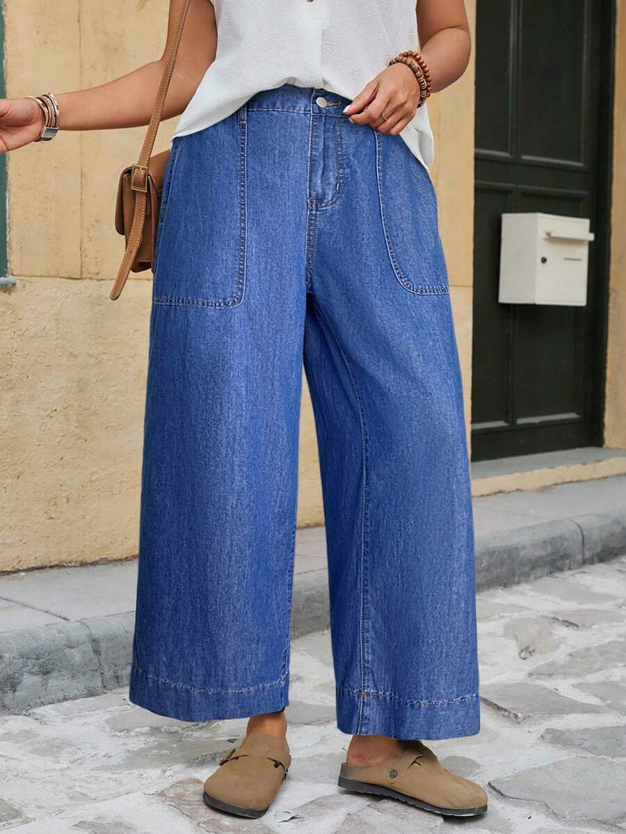 EMERY ROSE Mature Denim 大码女式休闲街头时尚度假风格侧袋宽松阔腿牛仔裤宽松牛仔裤 Y2k 女式阔腿牛仔裤女式阔腿牛仔裤宽松牛仔裤女式阔腿牛仔裤女式阔腿牛仔裤，女式秋季服装 - 中等水洗藍 - 查看 1