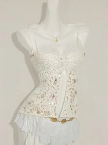 SHEIN ICON Áo hai dây đan hở lưng phối ren trang trí vỏ sò phong cách nghỉ mát mùa hè cho nữ - trắng - Xem 7