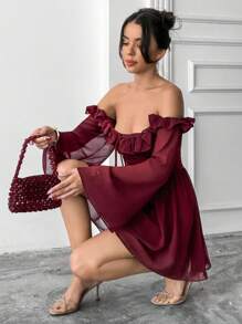 EURMUSE Chiffon einfarbiges langärmliges Damen Kurzkleid, Abschlusskleid für Frauen, Rüschen, Hochzeitsgast Kleid - Bordeaux - Übersicht 6