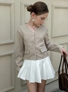 Áo khoác dài tay cài nút thời trang thường ngày cho bé gái tuổi teen, mùa xuân và mùa thu - Màu Khaki - Xem 7