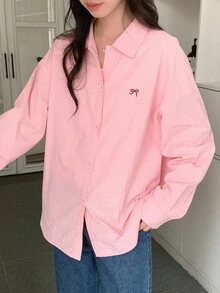 Dazy Kids 少女宽松休闲蝴蝶结刺绣衬衫，秋季 - 粉色 - 查看 4