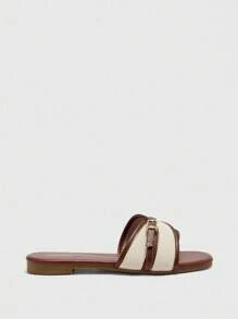 CUCCOO BIZCHIC Women's Fashion Brown Simple Buckle Color Block Flat Sandals Spring Shoes Summer Shoes - Brown - View 6