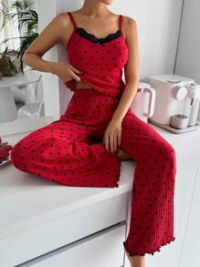 EURMUSE 2Pcs Cotton Red Heart Pattern  Trim Cami Top With Lace Detail Homewear Set
