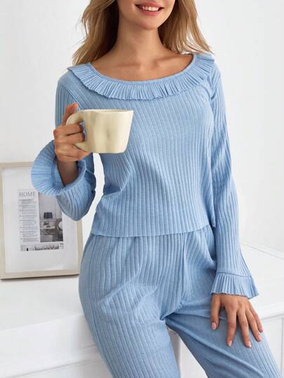 EURMUSE 2pcs Fleece Ribbed Knit Top&Pants Homewear Lounge Set Blue Pajama Set Women Light Blue Pajama Set Knit Pajama Set Womens Pajama Set Long Sleeve Pj Set Women