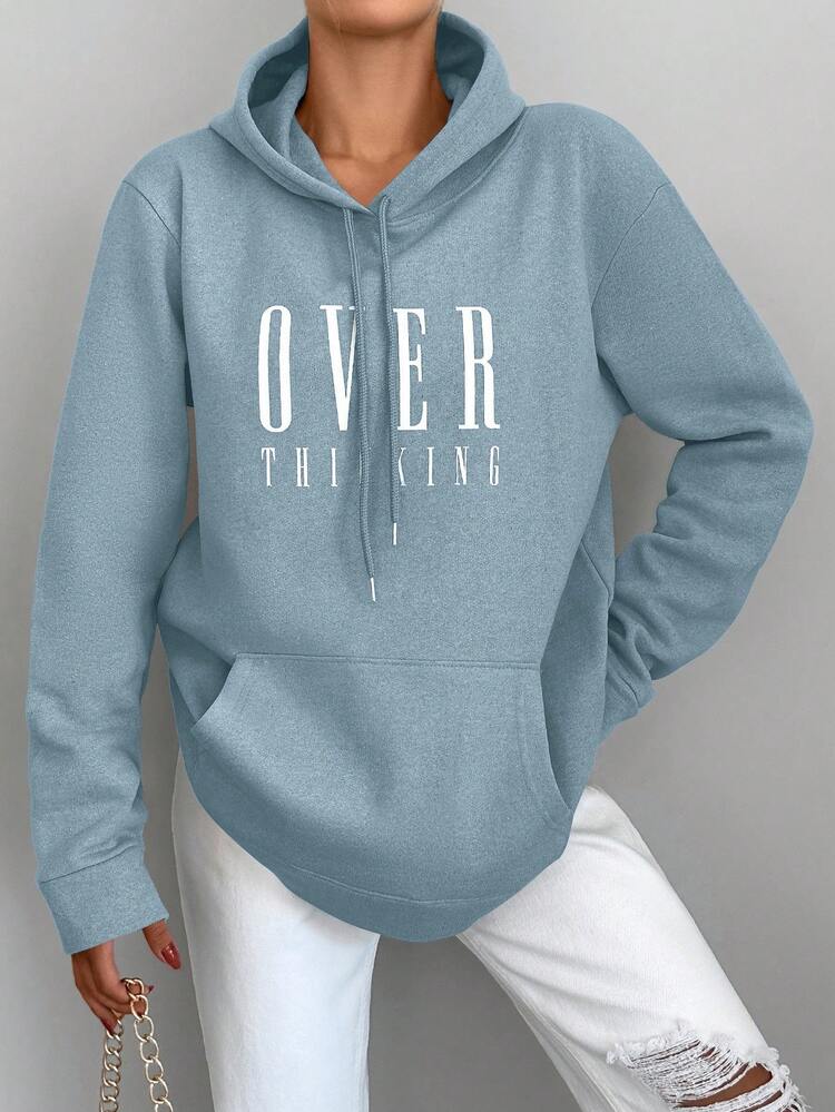 Hooded Sweatshirt With Text Print And Drawstring Design - Baby Blue - View 6