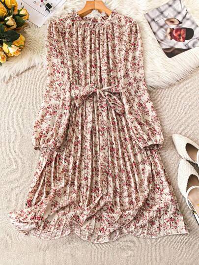 Celure Plus Size Women Ditsy Floral Ruffle Trim Round Neck Long Sleeve Pleated Elegant Dress, Autumn Maxi Women Outfit Fall Cloth For Women