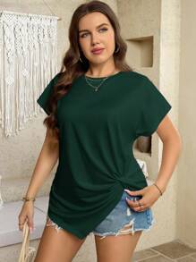SHEIN LUNE Plus Size Summer Casual Solid Color Twist Asymmetric Hem T-Shirt - Dark Green - View 5