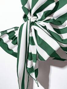 SHEIN Clasi Plus Size Casual Commuter Color Block Striped Tie Shirt And Solid Color Pants 2 Pieces Set - Dark Green - View 4