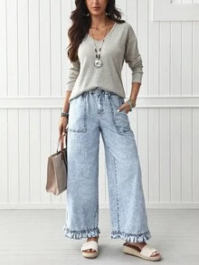 EMERY ROSE Quần Jeans Ống Rộng Có Lưng Thun Co Giãn Và Viền Xếp Ly Cho Nữ - Rửa nhẹ - Xem 7