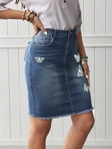EMERY ROSE Women's Butterfly Printed Fringe Denim Skirt, Summer - Medium Wash - View 6