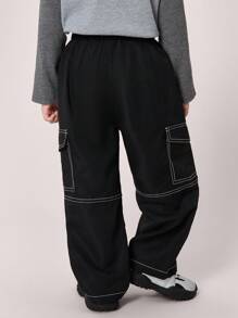 Kids Boys' Casual Everyday Comfortable Patch Pocket Contrast Color Loose Straight Leg Cargo Pants, Suitable For School, Garden, Beach, Birthday, Spring, Summer, Fall, Winter Seasons, Black Jeans, Cargo Pants, Baggy Jeans, Boys Clothes, School Clothes, Baggy Pants, Khaki Pants, Wide Leg Pants