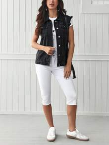 EMERY ROSE Flap Pocket Raw Trim Vest Denim Jacket - Dark Grey - View 7