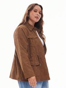 Solavibe Plus Flap Pocket Drawstring Waist Jacket,Barnfit,Barn,Fall Women Clothes