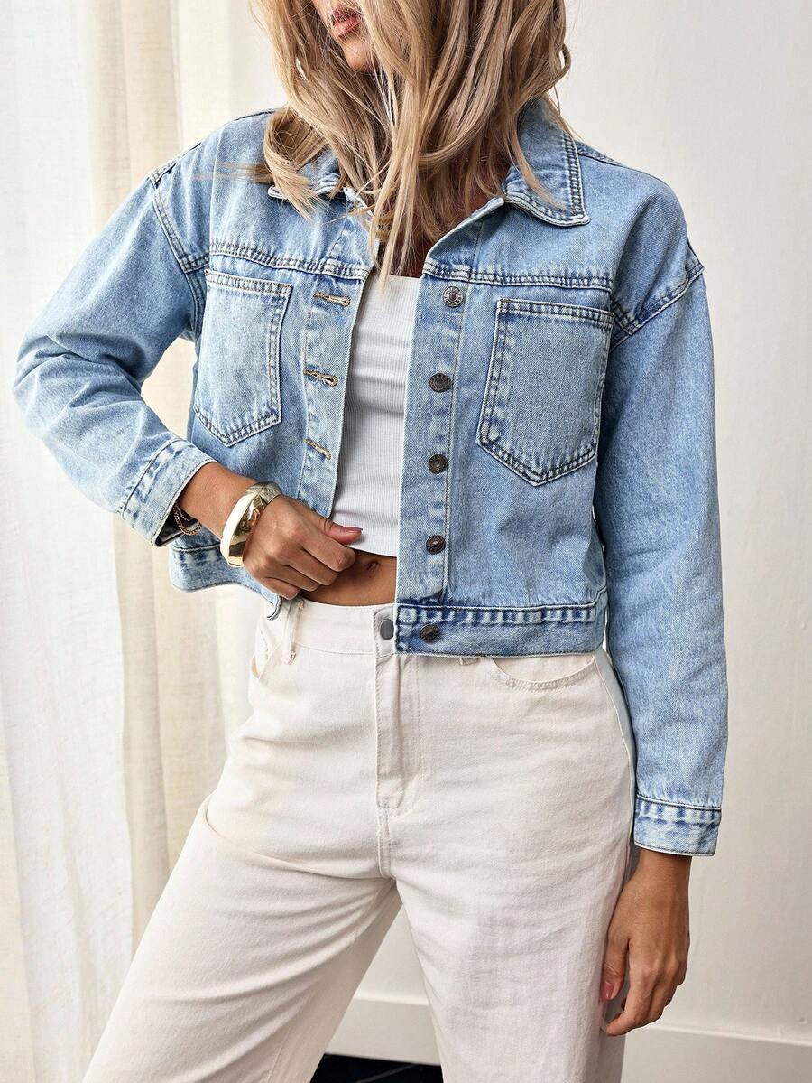 EMERY ROSE Women's Plain Casual Long Sleeve Denim Jacket - Light Wash - View 1