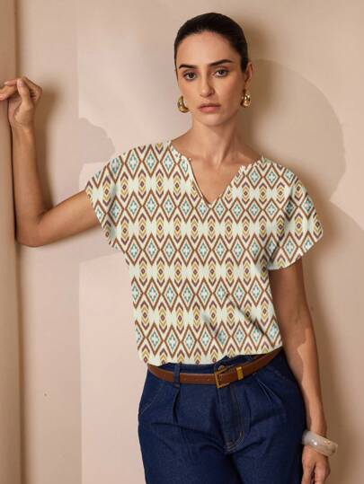 Shutterstock Glamance Women's V-Neck Batwing Short Sleeve Casual Geometric Print Shirt Summer Tops Women Vintage Tops Women Women Summer Blouses Ikat Print Top Geometric Print Top