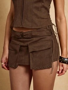 SHEIN BAE Brown Metallic Beaded Faux Leather Mini Skirt Hot Pants Country Western Fall Streetwear Festival Elegant Y2k Sexy Cute 90s Midwestern/Pocket Decor Mini Skorts/Suede Shorts/Going Out Shorts/Vintage Style - Brown - View 3