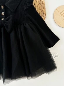 SHEIN 新生女婴可爱针织撞色网眼蝴蝶结长袖连衣裙，秋冬 - 黑色 - 查看 5