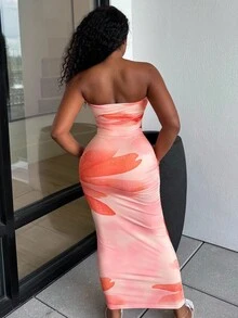 Alexandranx Bộ áo crop top và chân váy in hoa cho kỳ nghỉ hè, trang phục hai mảnh gợi cảm bất đối xứng, hở lưng, xẻ đùi ôm sát nhiều màu, trang phục thường ngày cho nữ, mùa xuân/hè - Nhiều màu - Xem 2