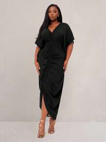 SHEIN SXY 大码女式春夏优雅性感纯色褶皱前开衩下摆聚拢连衣裙，适合日常穿着、音乐节、音乐会 - 黑色 - 查看 3