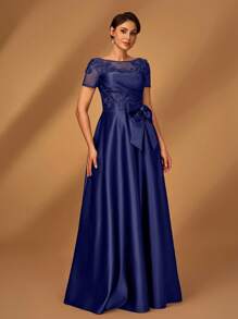 Serin Elegancka, luksusowa, romantyczna, satynowa, plisowana sukienka z siateczki, z aplikacją z koralików, z krótkim rękawem i kokardą w kształcie litery A, idealna na wieczorne przyjęcie, randkę, wakacje, bal, wesele, sukienkę dla panny młodej i matki