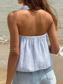Jouncy 全新时尚条纹甜美百搭方领女式衬衫上衣 - 藍色 - 查看 2