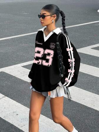 Muchica 女式条纹字母和数字印花 Polo 领长袖针织 T 恤，新品上市