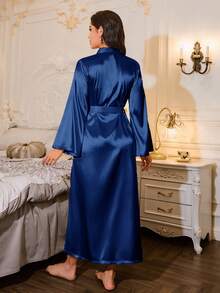 LuxeNights Luxe Nights French Elegant Loose Long Robe, Women Sleepwear Satin Robe Long Satin Robe, For Fall, Winter - Blue - View 2