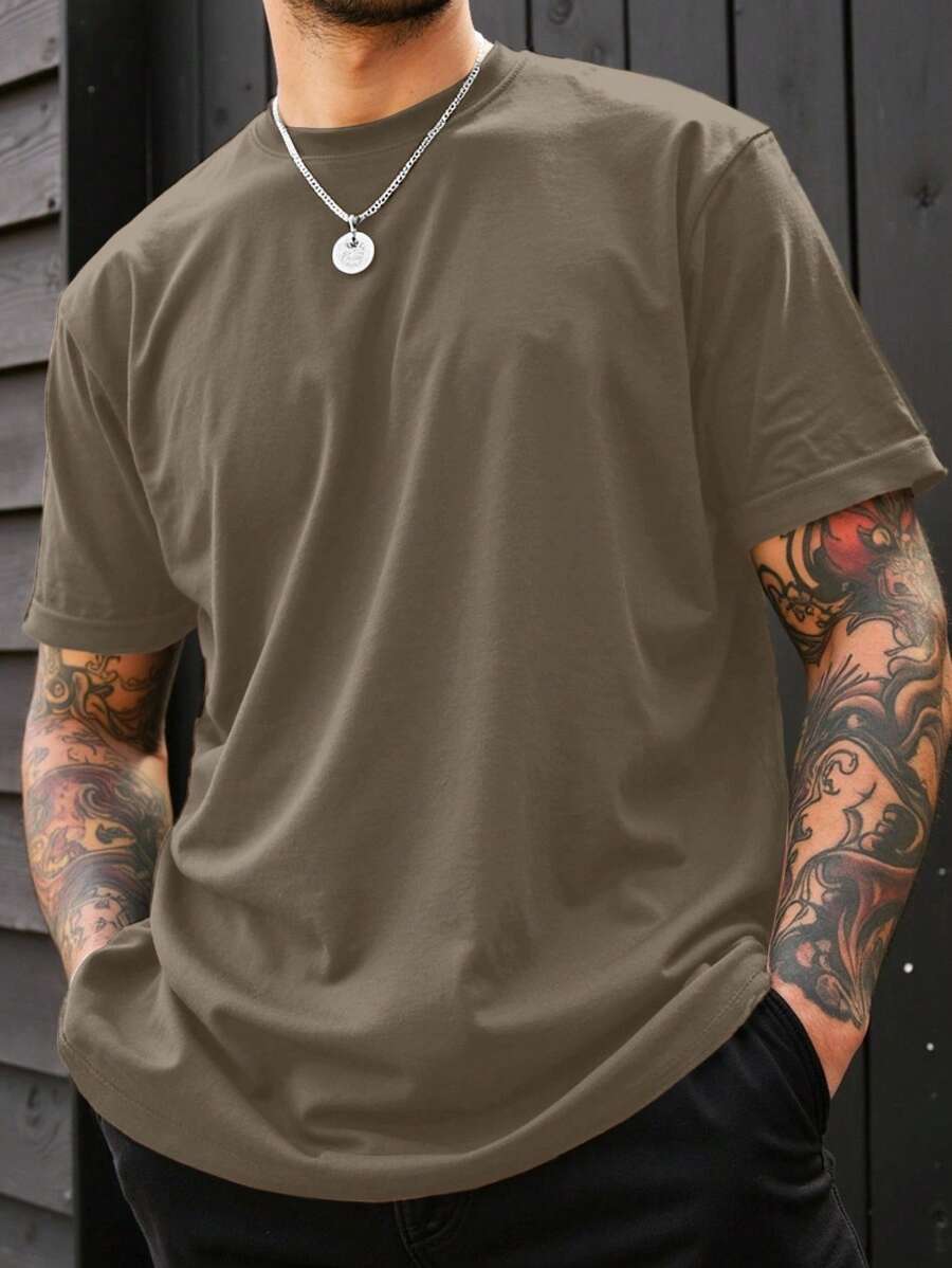 Manfinity Homme Camiseta casual de manga corta y cuello redondo de unicolor, versátil, para hombre de talla grande, para verano - Bronce - Ver 1