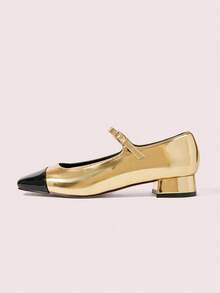 CUCCOO DOLLMOD Women's Square Toe Cute Fashion Comfortable Contrast Color Glossy Elegant Mary Jane Flat Shoes - Gold - View 9