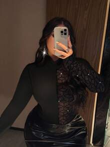 NU&NOW Women's Sexy High Neck Mesh Patchwork Solid Color Bodysuit Fall Cloth For Women - Black - View 6