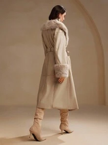 Anewsta Navy Blue Faux Leather Oversized Collar Women's Leather Jacket With Fox Fur Cuffs, Long Coat, Suitable For Autumn, Fall, Winter, Going Out, Elegant, Formal, Chic, New Year, Christmas, Work, Graduation