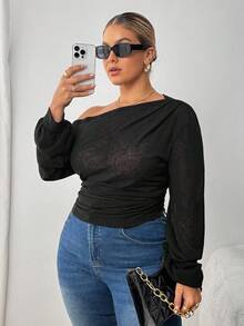 SHEIN PETITE CURVE Plus Size Women's Solid Color Slope Collar Long-Sleeved T-Shirt For Women Casual Loose Slouchy Style See-Through Blouse Beach Vacation Style Top For Women Off The Shoulder Top Long Sleeve Top One Shoulder Top Women Tops Puff Sleeve Top