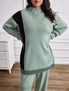 EURMUSE 2 Pieces Mint Green Ribbed Knit Set – Colorblock High-Neck Longline Sweater & Wide Leg Pants Lounge Outfit, Plus, Casual, Daily Wear, Winter, Cold Seasons - Green - View 2