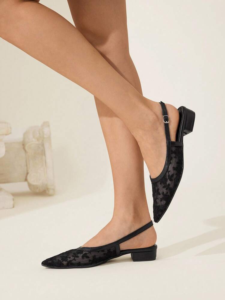 CUCCOO CHICEST Women's Elegant Versatile Comfortable Black Mesh & Lace Pointed Toe Low Block Heel Slingback Flats For Christmas Elegant Shoes Wedding Shoes Summer Shoes Bride Shoes