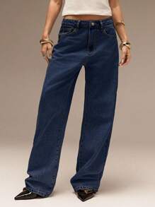 SHEIN Forever 21 Quần Jeans Nữ Mùa Xuân & Hè Lãng mạn/Dạ hội/Trang trọng/Sinh nhật/Thập niên 90/Trang phục công sở thường ngày/Thanh lịch/Phong cách phương Tây/Đi chơi/Thời trang/Thường ngày/Y2k/Câu lạc bộ/Văn phòng/Cocktail/Cổ điển/Rave/Vui nhộn/Sang trọng/Quý tộc/Thời trang dạo phố/Kỳ nghỉ/Buổi hòa nhạc đồng quê/Công sở/Khiêm tốn/Nghỉ xuân/Độc thân/Buổi hòa nhạc/Baddie/Cơ bản/Tốt nghiệp/Quần Jeans ống đứng cạp trễ màu xanh dương - Màu xanh hải quân - Xem 6