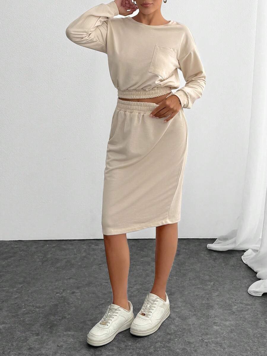 EURMUSE Bộ đồ liền thân hai mảnh màu trơn dành cho nữ, áo nỉ và chân váy - Màu be - Xem 1