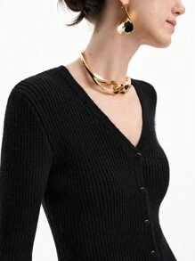 Aalyst 女士优雅修身长袖经典开衫 - 黑色 - 查看 6