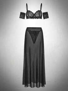 SHEIN Bộ đồ lót gợi cảm 5 món dành cho nữ: Áo ren phối dây có thể tháo rời + Quần lọt khe + Chân váy dài + 2 băng tay - màu đen - Xem 6