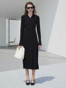 Uhlyne Damen minimalistische Urlaubs- und Bürokleidung mit Kragen, schräger Knopfleiste, langen Glockenärmeln, Twist-Taille und ausgestelltem Saum, schwarzes Strickkleid in Midi-Länge, geeignet für Schulanfang und ins Büro