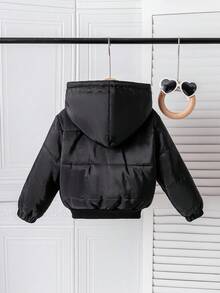 Kleine Mädchen Einfarbige Lange Ärmel Reißverschluss Kragen Lässige Kapuzen Winter Jacke - Schwarz - Übersicht 2