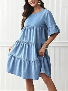 EMERY ROSE 女士圆领喇叭袖宽松牛仔娃娃裙 - 淺色水洗藍 - 查看 4
