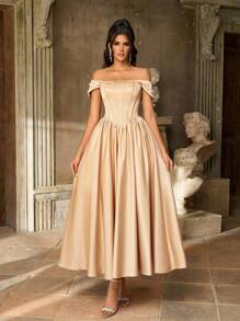 Aureia Thanh lịch, Lãng mạn, Thời trang, Kaki, Satin, Xương cá, Váy dài vừa phải, Thích hợp cho Kỳ nghỉ, Đám cưới, Mùa tốt nghiệp, Tiệc tùng, Khu nghỉ dưỡng, Tiệc cocktail, Check-in, Khiêu vũ trang trọng - Màu Khaki - Xem 7