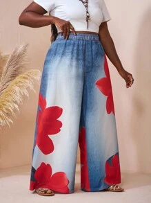 SHEIN CURVE+ Plus Size Floral Print Denim Effect Pants, Autumnfall Clothes For Women,Winter,CURVE PLUS/Autumn /Winter - Multicolor - View 6