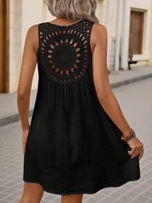 Brillora Summer Boho Solid Hollow Out Black Tank Dress